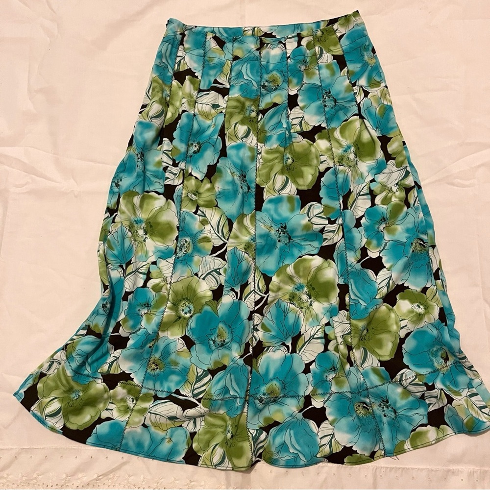 Vintage Blue Green Floral Midi Skirt with Brown Accents - Size 8 - Picture 6 of 9